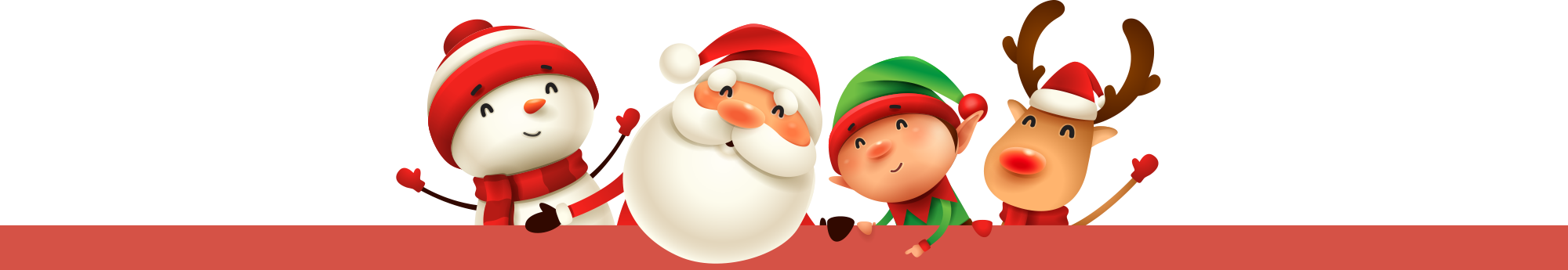 Graphic of snowman, santa, elf and a reindeer