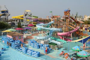 Aerial of the lazy river and rides