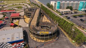 Wooden cart race rollercoaster aerial view Cyclone